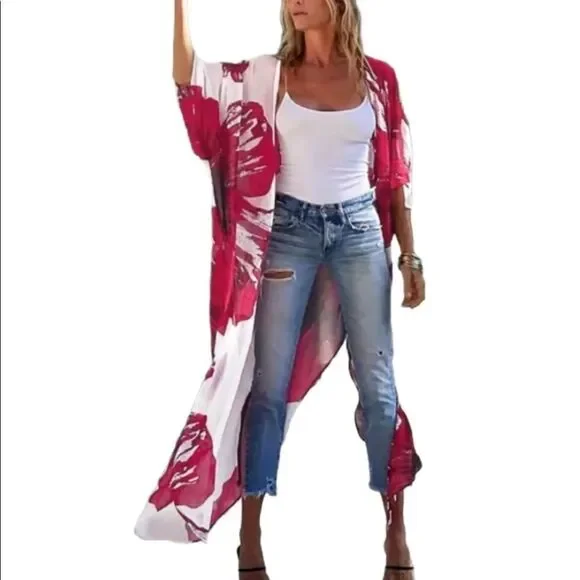 White Red Floral Open Front Long Kimono Robe Cover Up NEW - Picture 1 of 4